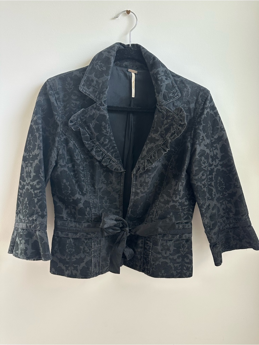 Free People Black Textured Ruffle-Collar Tie-Waist Jacket